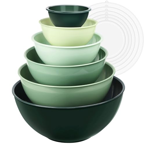 Greentainer Juego de ensaladera con tapa, 12 cuencos de plástico, apilables con tapas para cocina, cuencos grandes para servir, ideales para mezclar y servir