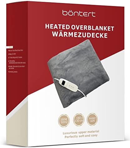 Böntert Electric Heated Blanket 180x130cm - Soft Throw Double Sides Flannel Fleece, Fast Heating, 9 Heat Levels & 9 Auto-Off Timer Levels & LED Display, Overheating Protection, Washable, Light Grey