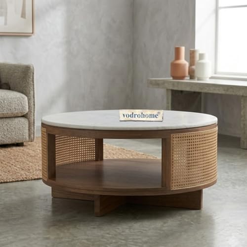 Image of Cane Solid Wood Coffee Table with Marble top- Rattan Round Centre Table with Storage - Ideal Tea Table for Living Rooms C#040
