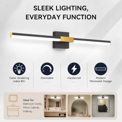 Image of SOLFART Bathroom Lighting Fixtures Over Mirror: 32-Inch Black and Gold Dimmable Built-in Step Dimming Vanity Light ETL IP44