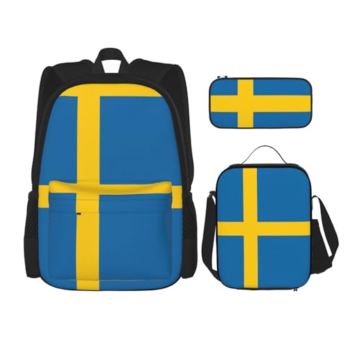 WURTON Swedish Flag Print Shoulder Backpack 3 In 1 Bookbag Set Lunch Box Pencil Case Travel Laptop Daypacks