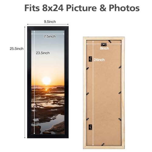 Image of Golden State Art, 8x24 Picture Frame, Black Solid Wood with Tempered Glass, 8 x 24 Frame for Horizontal or Vertical Gallery Wall, Large Size Poster Frames, 4 Pack