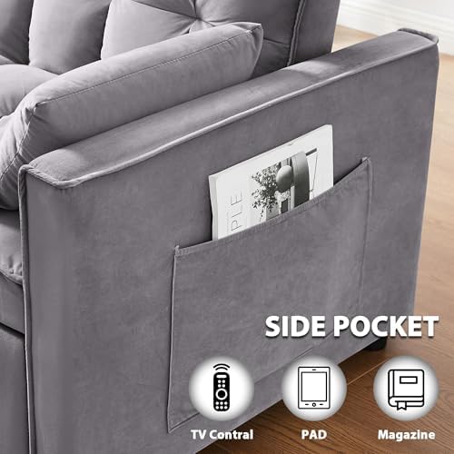 Yubefaso Sleeper Sofa Bed,55'' Convertible Pull Out Couch with Side Pockets,Velvet Fabric Loveseat Sleeper Sofa with Adjustable Backrest for Living Room,Bedroom,Apartment and Small Space, Darkgrey - 4