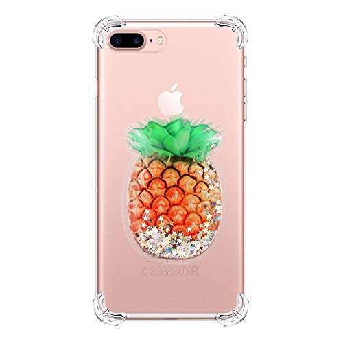 Jorisa Compatible with iPhone 7 Plus/iPhone 8 Plus Case for Girls Woman,Transparent with Pattern Back Cover,Bling Crystal Clear Case Reinforced Corners TPU Bumper Anti-scratch Rugged,Pineapple
