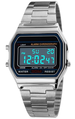 PASOY Unisex Men's Digital Watch Silver Stainless Steel LED Backlit Electronic Multifunction Date Alarm Stopwatch Square Woman Waterproof Sport Watches (Silver)