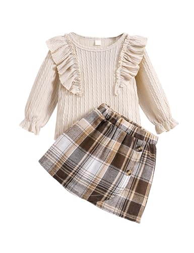 Qiraoxy Baby Girl Clothes Toddler Girls Ruffle Long Sleeve Pullover Tops Plaid Mini Skirt Fashion Set 2Pcs Kids Girl Dresses Spring Outfits 2-3 Years