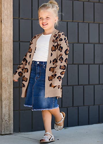 Geckatte Girls Leopard Print Open Front Casual Long Sleeve Knit Cardigan Sweater With Pockets Khaki #TOP5
