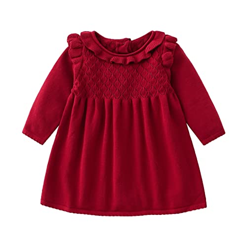 Girls Vintage Ruffled Knitted Princess Dress Fall Winter Cute Crew Neck Long Sleeve Knit Dress Sweater Knitwear