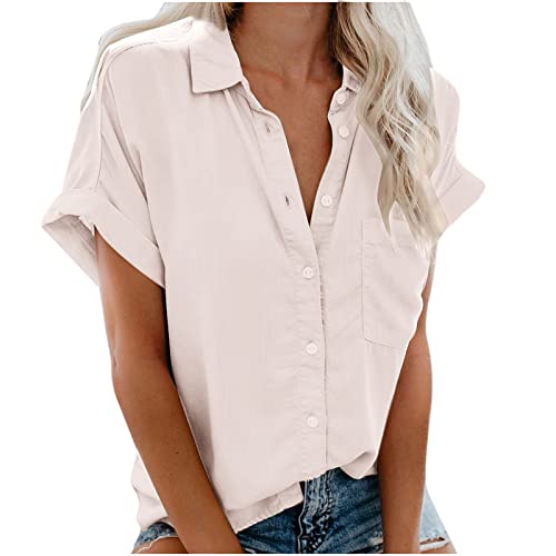 Ceboyel Button Down Tops For Women Collared Short Sleeve Summer Shirt V Neck Solid Blouses Casual Work Ladies Clothing 2023 Birthday Shirts For Women Khaki S #TOP13