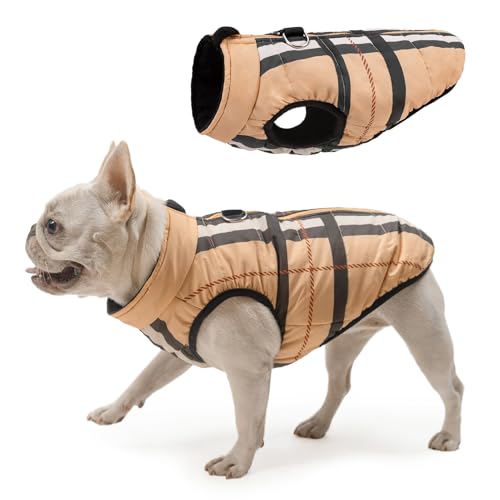 Image of SCENEREAL Winter Dog Vest Coat with Harness Built in for Small Medium Dogs | Warm Puppy Jacket, Cold Weather Coat with Zipper, Fleece Puffer Vest Windproof Snow Clothes, Beige Plaid