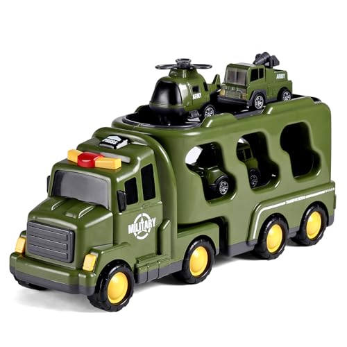 Image of Play Nation 5-in-1 Friction-Powered Truck Toy Set with Light&Sound-Educational Transport Carrier Vehicle for Kids 3 Years+,Emergency Rescue Toy for Girls&Boys,Birthday Gift (Military Army,Green)