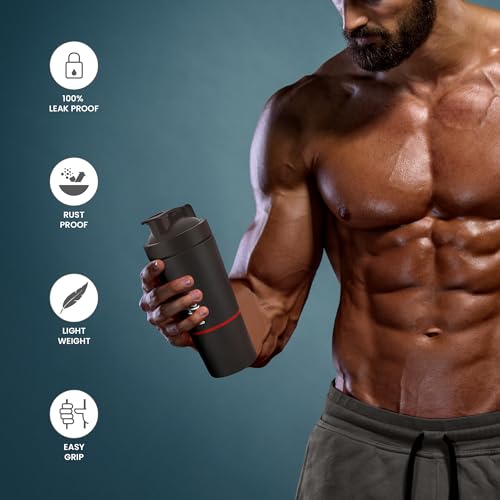Image of MILTON Pro Mix Ultra Shaker with Blending Ball, Black, Shakers for Protein Shake with detachable Storage Compartment, Leakproof, Fitness Freak, Gym Bottle for Men and Women BPA-Free (591ml + 200ml)