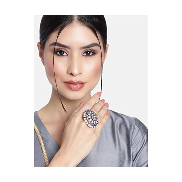 I Jewels Silver Oxidized Kundan Work Designer Adjustable Finger Ring for Women (FL208) - Image 3