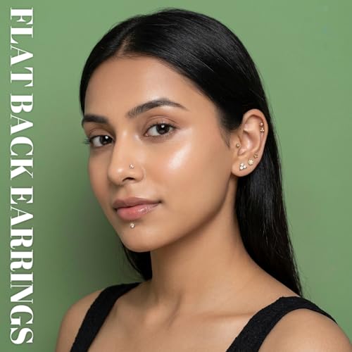 Image of SANNIDHI Earrings Set for Women Hypoallergenic Surgical Steel Internal Thread Stud Piercing Jewelry for Tragus Helix Cartilage Conch Nose Plated Lip Labret Medusa Piercing
