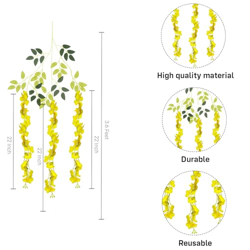 Image of Party Propz Yellow Wisteria Artificial Flowers for Decoration - 12Pcs(3.6ft), Money Plant Artificial Leaves- 2Pcs(8ft), Haldi Decorations Items for Home, Wedding Decorations Items