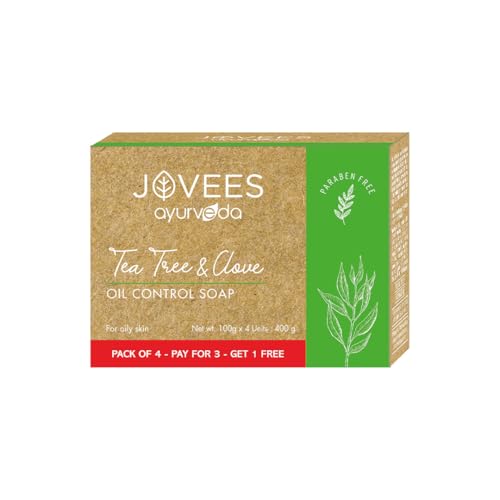 Image of Jovees Herbal Oily & Acne Skin Solution Soap 400g -Tea Tree & Clove Bar, Controls Excess Oil, Fights Pimples & Breakouts, Deep Cleansing, Keeps Skin Clear, Fresh & Balanced for Men & Women (Set of 4)