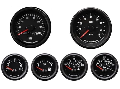 Image of MOTOR METER RACING VD Vintage Mechanical 6 Gauge Set Black Dial Red Needle | Speedometer Cable Signal, 85mm, 3-3 /8 inch, 52mm, 2-1 /16 inch, Speedometer Analog Odometer, White LED Illumination, Car, Automobile