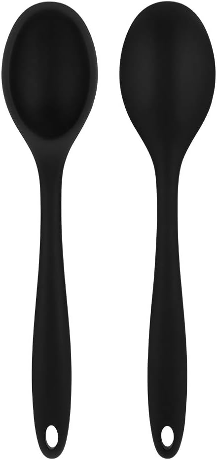 2 Pcs Silicone Nonstick Kitchen Spoon Set, Heat-Resistant Black Cooking Spoons for Stirring Scooping and Mixing
