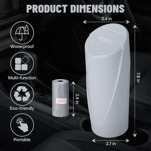Image of Car Trash Can Bin with Lid - Car Garbage Can Cup Holder - Grey Mini Leakproof Vehicle Garbage Bin with 20pcs Trash Bags-Automotive Organizers and Storage for Front Back Seat Accessories
