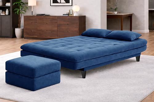 Image of Rosebell Modern Three-Seater Sofa Cum Bed - Foldable Velevt Fabric Sofa, Foam Seating, Stylish Design for Living Room, Guest Room & Office - Blue Color