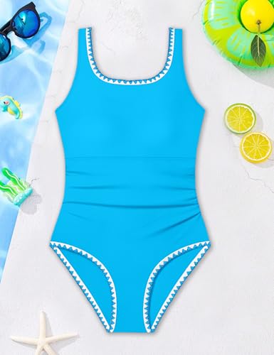 Image of CRISONE Girl Swimsuit One Piece Bathing Suit for Girls Retro Square Neck Adjustable Straps Girls' Swimwear 9-16Y