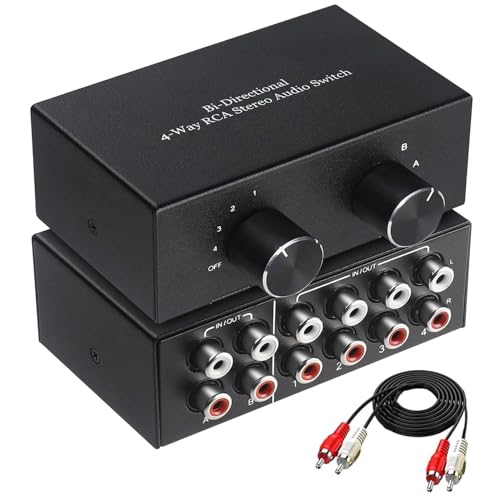 UNSTINCER Phono L/R Interruptor caixa de áudio 4 (2)-in-2 (4)-out, Stereo som Switch Analog interruptor Aux Selector Splitter para altifalantes amplificador auriculares barra Speaker PC consola
