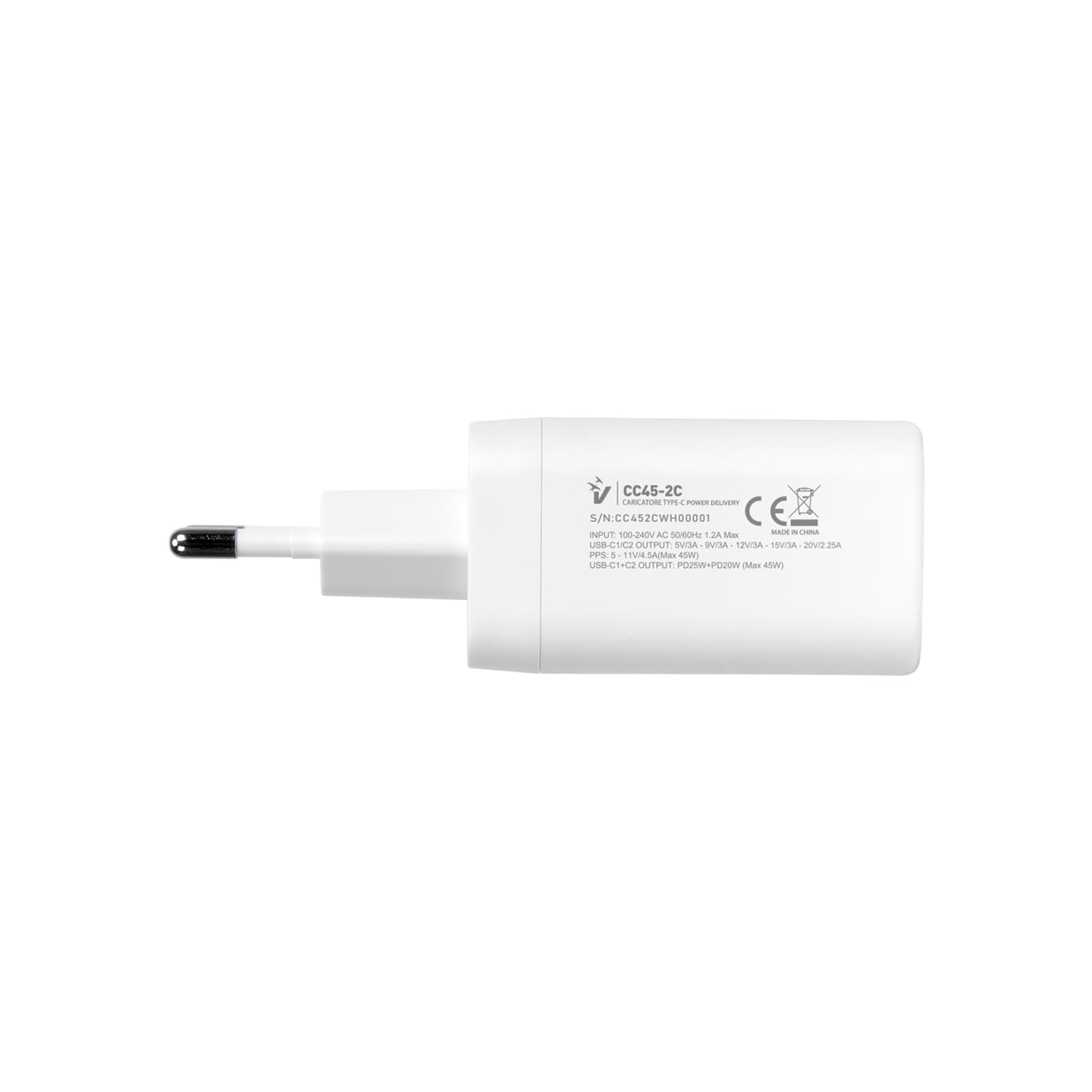 VulTech CC45-2C uniwersalna ładowarka 45 W GaN z 2 portami USB-C/Type-C PD3.0 QC3.0 PPS, kompatybilna ze smartfonami, tabletami i notebookami - biała, kompaktowa