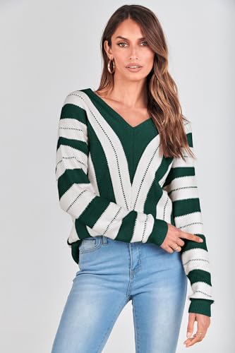 PRETTYGARDEN Sweaters for Women 2025 Long Sleeve Striped Knitted V Neck Pullover Jumper Tops Fall Outfits Fashion Clothing