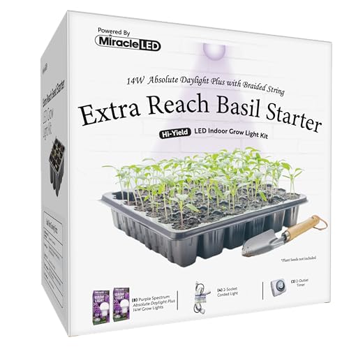 Miracle LED Absolute Daylight Plus Purple Spectrum, Extra Reach Basil Seed Starter Grow Light Kit (Braided 2-Socket)
