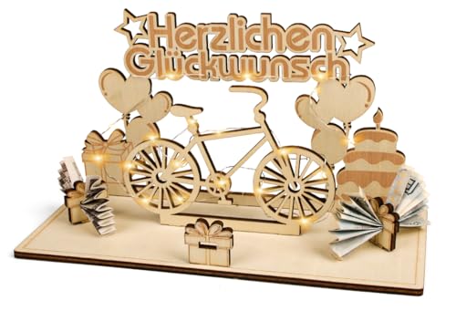TSQNW Geldgeschenke Geburtstag Holz, Fahrrad Geldgeschenk f&uuml;r Radfahrer, Kreative Holz Schild G&auml;stebuch mit LED Lichterkette, Fahrrad Deko, Geldgeschenk f&uuml;r Freunde, Familie, Liebhaber