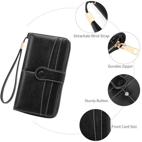 Image of Wristlet Women's Wallet Phone Purse RFID Blocking Large Capacity Card Holder Leather Black