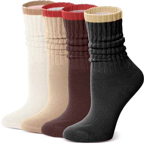 Image of Slouch Cotton Socks, Scrunch Thin Fashion Colorful Soft Breathable Crew Calf for Women and Men, 4 Pairs