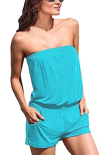 Women Off Shoulder Strapless Romper Comfy Beach Shorts...