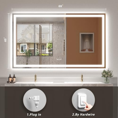 Image of 68x40 LED Lighted Mirror for Bathroom Wall Mounted, Dimmable Vanity Mirror with Lights, Anti-Fog, ETL Listed (Backlit and Front Lighted)