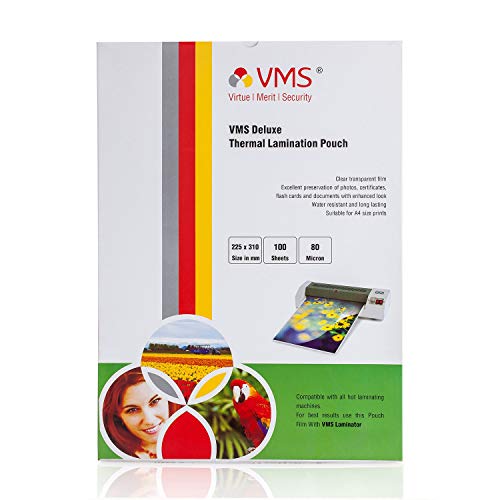 Image of VMS Deluxe 225x310mm 80 Micron A4 Lamination Pouch - 100 Sheets & VMS Deluxe Thermal Lamination Pouch 65x95mm 125 Micron - Pack of 4 (400 Sheets) for Id Card