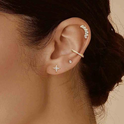 1PC ASTM F136 Titanium Threadless Super Stars CZ Tops Piercing studs for Conch,Tragus,Helix,Lobe Come With 4PCS Different Lengths Post F136 Titanium 16G 18G 20G Flatback earring nose Jewelry Gold Silver3