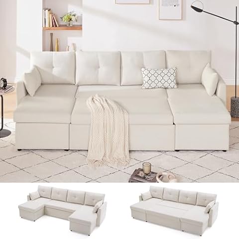 Huatean Home Sleeper Sofa Couch, 110 inch Oversize 2 in 1 Pullout Sofa Bed with Double Storage Chaise, Sectional Sleeper Sofa Bed with Side Pocket for Living Room, Beige Cover