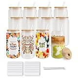 Kocdam 12 pack Sublimation Glass Cups, Frosted 16oz Blanks Beer Can Borosilicate Glasses Tumbler with Bamboo Lids and Straws for Beer, Juice, Soda, Iced Coffee
