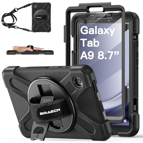 BRAECN Samsung Galaxy Tab A9 Case 8.7 Inch SM-X110/SM-X115/SM-X117), Heavy Duty Shockproof Sturdy Cover with Screen Protector, 360° Rotating Hand Strap & Kickstand, Shoulder Strap, Black