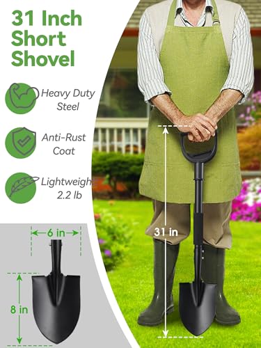 Shovel, Small Garden Shovels for Digging Gardening Heavy Duty, 31 inches Kids Metal Shovel with D-Handle, Round Point Blade, Comfort Grip, Camping, Off Road, Sand Beach Short Mini Spade