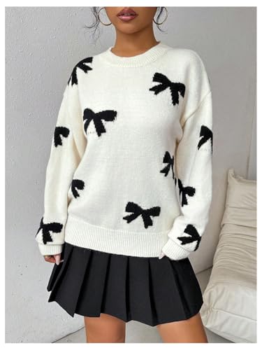 GORGLITTER Women's Bow Sweater Long Sleeve Crew Neck Vintage Y2k Knitted Sweater3