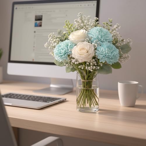 Image of Premium Artificial Flower Bunch - Mum, Rose with White Baby Breath | Realistic Fabric Petals | Artificial Flowers for Vase | Home Decoration Items for Living Room & Bedroom | Light Blue