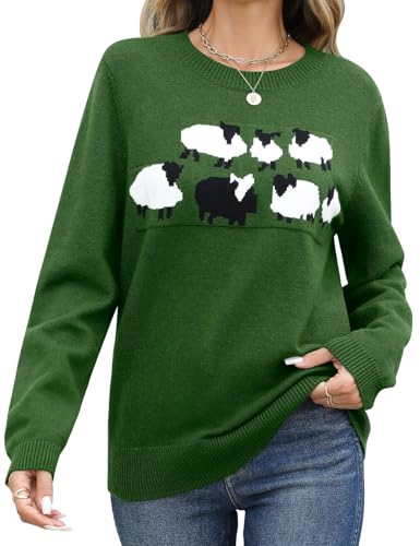 PASUDA Jerseys Mujer Cuello Redondo Manga Larga en Punto Jerséis con Estampado de árbol de Navidad y Estampado Fair Isle Casual Grande SuéTer (Alpaca Verde, M)