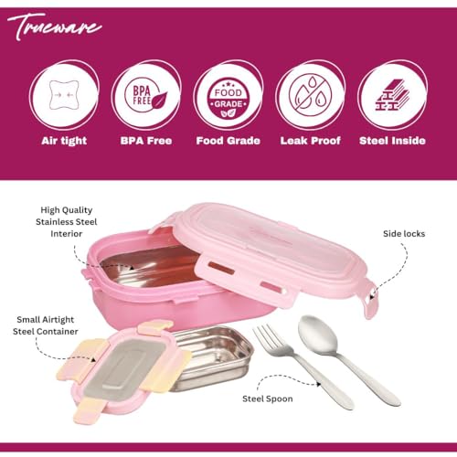 Image of Trueware Picaso Jr. Insulated Inner Steel Thermoware BPA Free, Airtight, Food Grade, 2 Containers Lunch Box 750 ML | for School, Kids, Boy & Girl | Hot Lunch Box