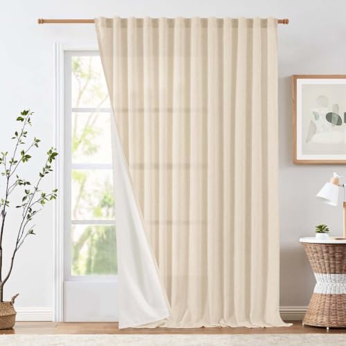 Image of jinchan Lined Linen Curtains Extra Wide Back Tab 100x96 Inch 1 Panel Beige
