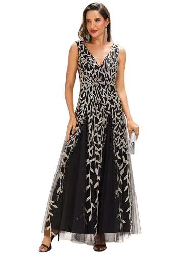 Ever-Pretty Women's Prom Dresses V Neck Sleeveless Tulle Hem A-Line Sequins Maxi Ball Gowns 02130