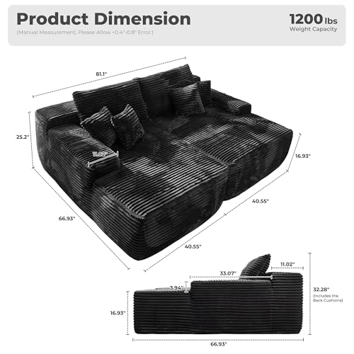 Image of HOOOWOOO Chaise Lounging Sleeping Sofa, 81x67 Assembly Free Modern Minimalist Sofa, Extra Deep Large Sofa Set, Free Standing Floor Couch in A Box for Living Room (Black Velvet Upholstered)