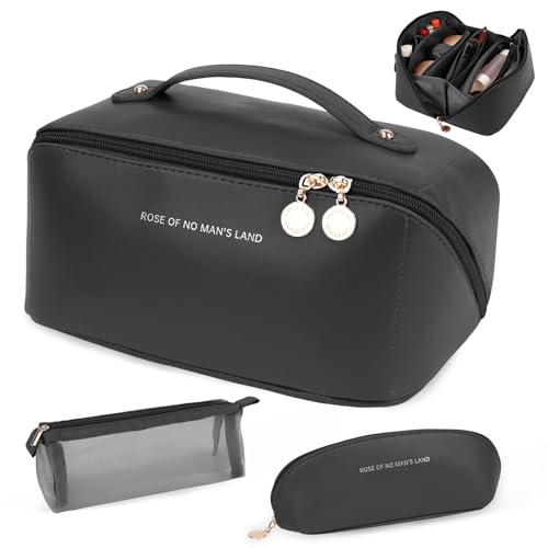 Veqethy 3 pcs Travel Makeup Bag for Women Large Capacity Cosmetic Bags Open Flat Toiletry Bags Organizer make up Bag Set of 3 Waterproof Portable Pouch PU Leather with Divider and Handle