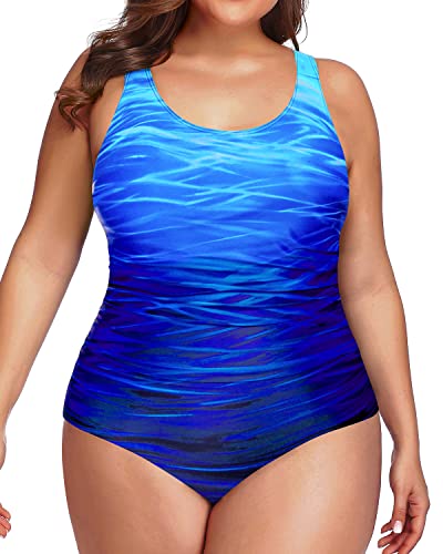 Daci Women Gradient Blue Plus Size One Piece Swimsuit Tummy Control Bathing Suit Athletic Ruched Swimwear 18 Plus
