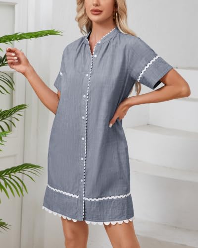 Image of Women's Summer Shirt Dress Short Sleeve Button Down Mini Tie Waist Belted Tunic with Pockets RIC Rac Trim